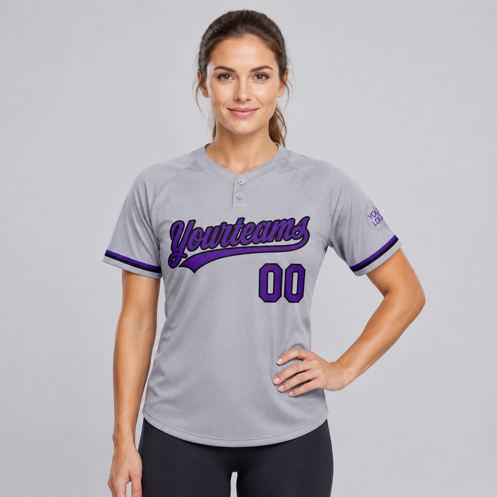 Custom Gray Two Button Softball Jersey with Purple and Black Lettering Design 0559 worn by female model