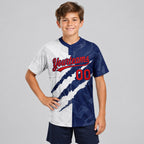 Custom Red and Navy Graffiti Two Button Softball Jersey youth size worn by child model