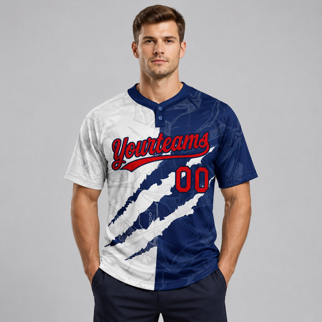 Custom Red and Navy Graffiti Two Button Softball Jersey worn by male model
