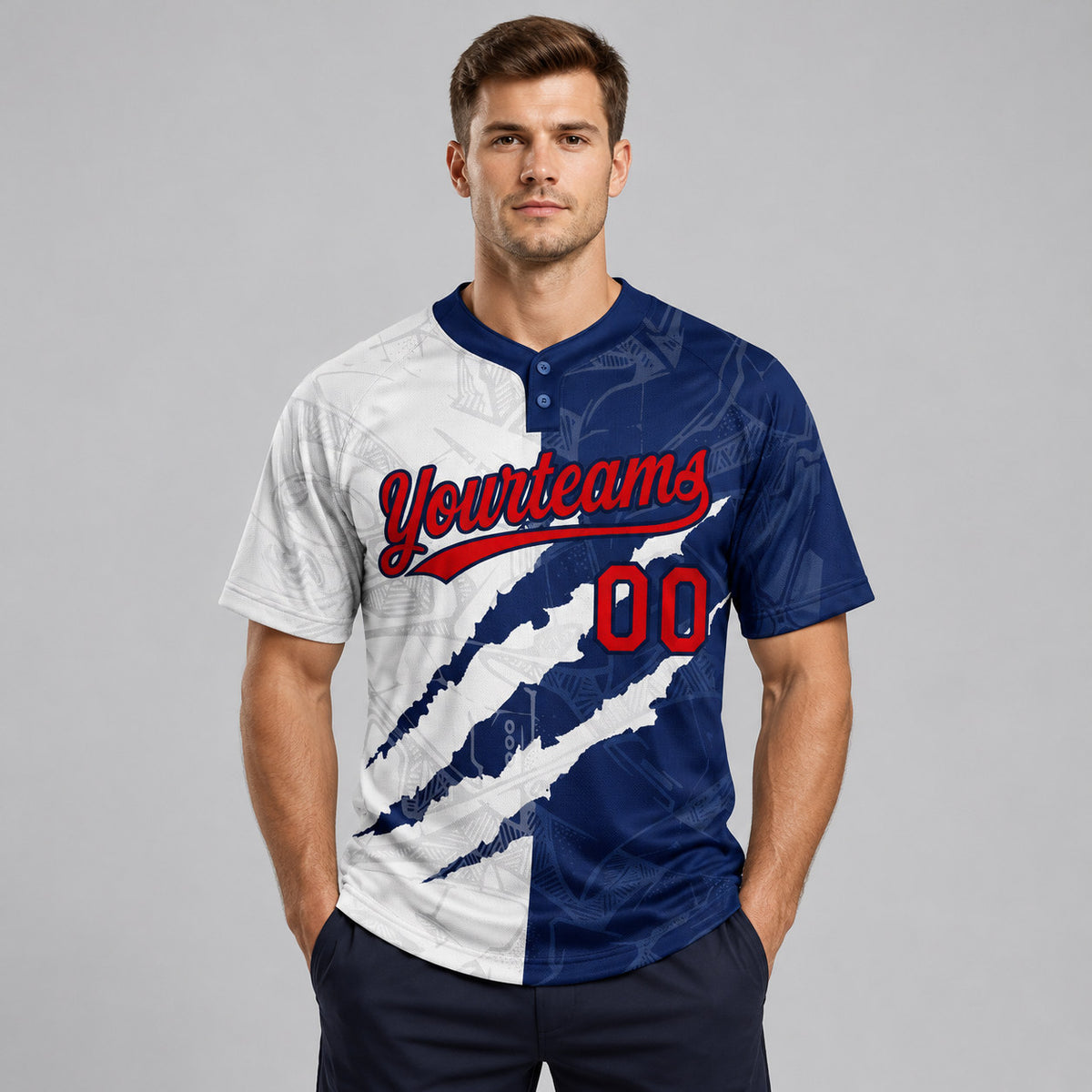 Custom Red and Navy Graffiti Two Button Softball Jersey worn by male model