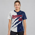 Custom Red and Navy Graffiti Two Button Softball Jersey worn by female model