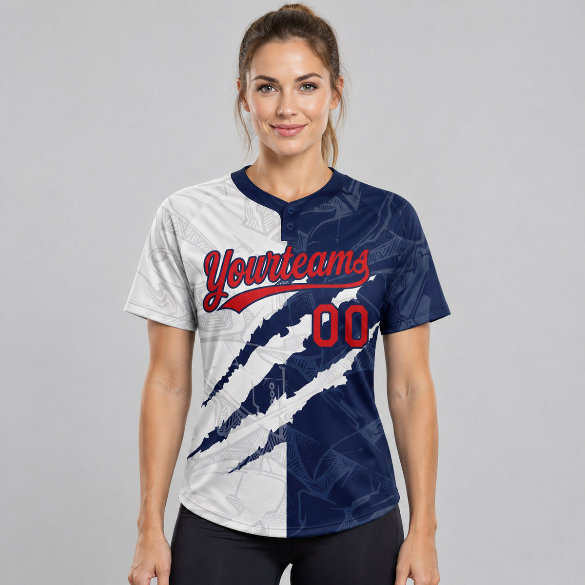 Custom Red and Navy Graffiti Two Button Softball Jersey worn by female model