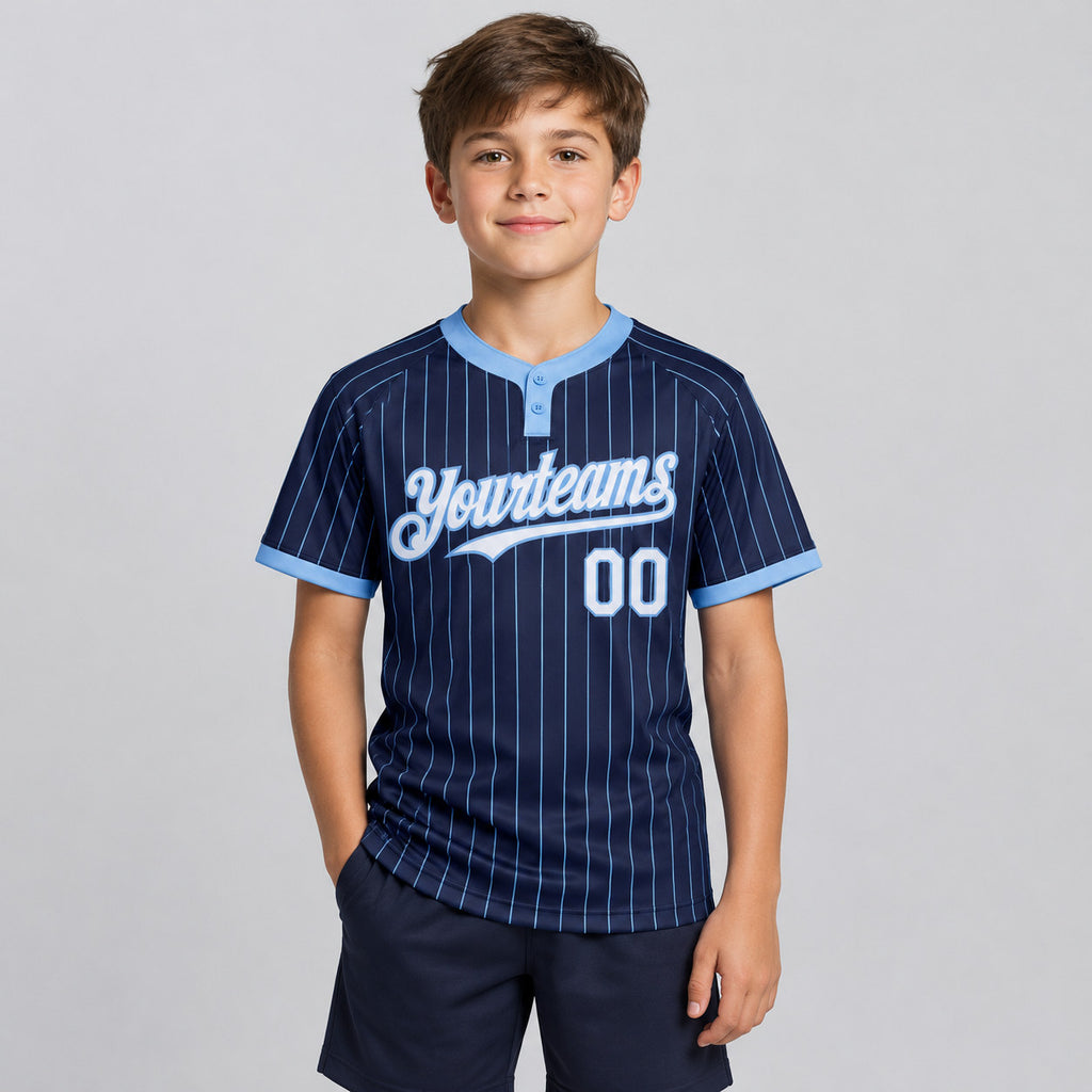 Custom Navy Two Button Pinstripe Softball Jersey with Light Blue Lettering Design 0996 youth size worn by child model