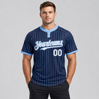 Custom Navy Two Button Pinstripe Softball Jersey with Light Blue Lettering Design 0996 worn by male model