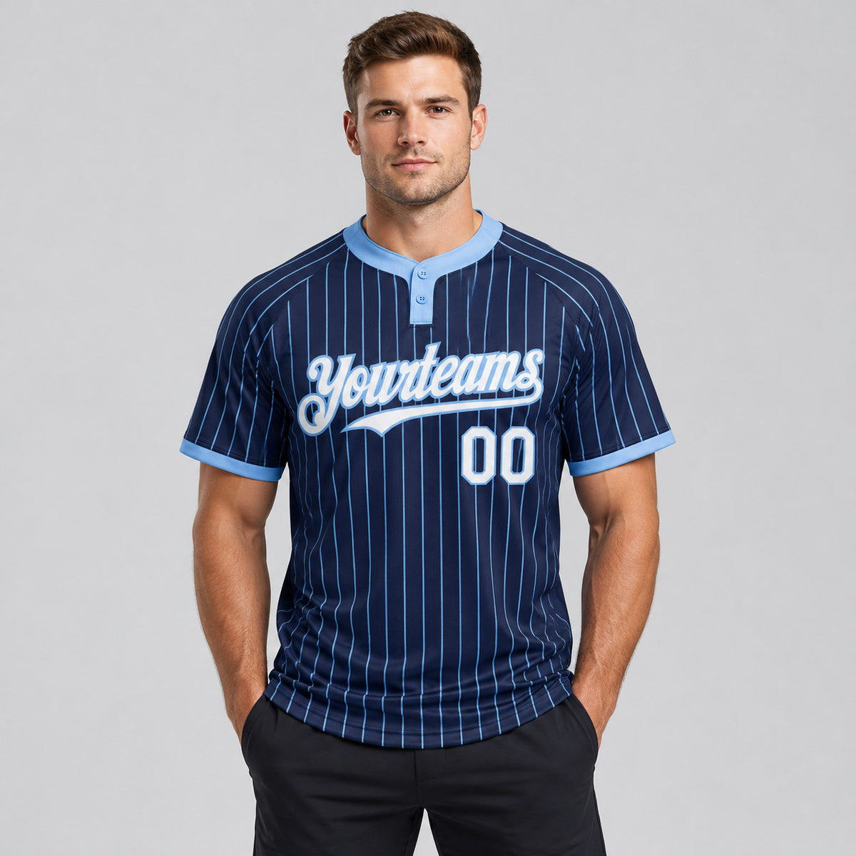 Custom Navy Two Button Pinstripe Softball Jersey with Light Blue Lettering Design 0996 worn by male model