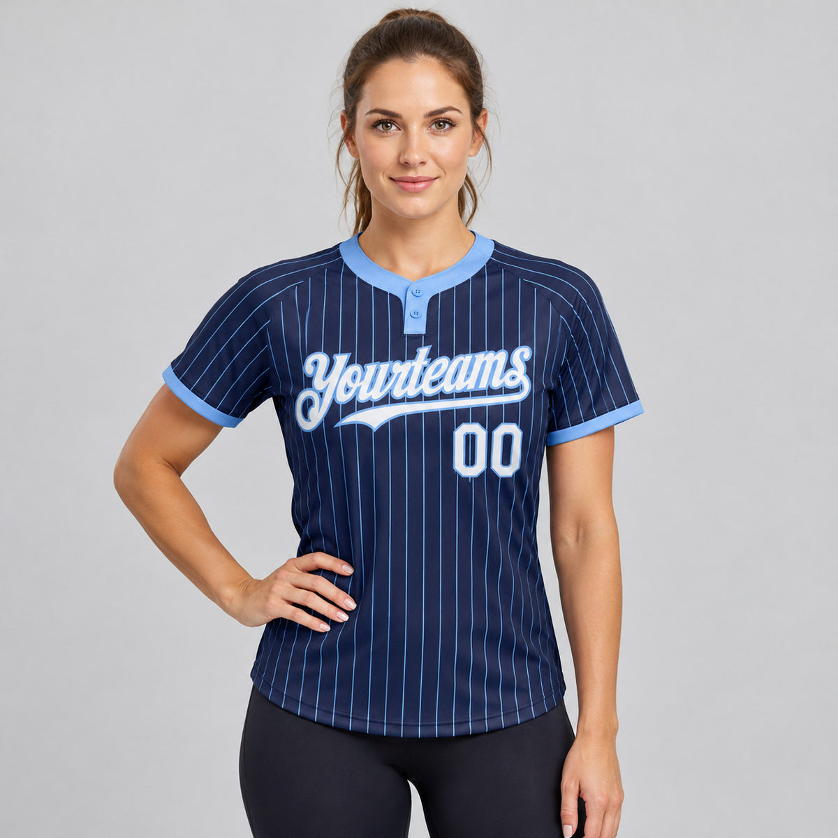 Custom Navy Two Button Pinstripe Softball Jersey with Light Blue Lettering Design 0996 worn by female model