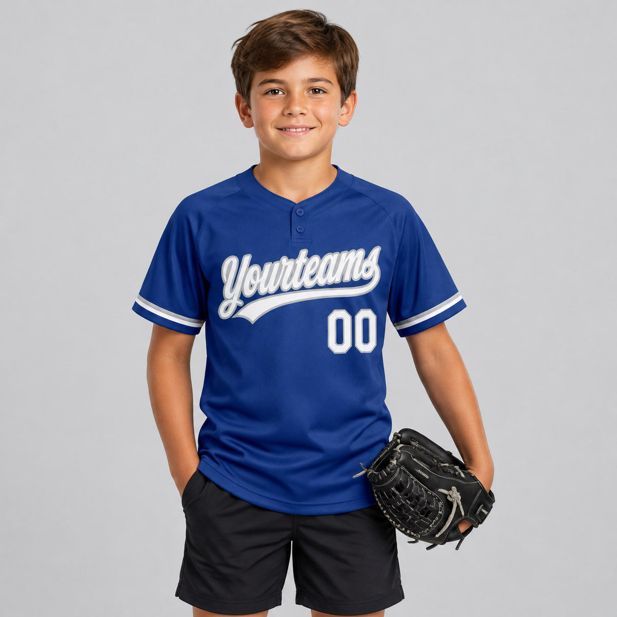Custom Royal Two Button Softball Jersey with White and Gray Lettering youth size worn by child model