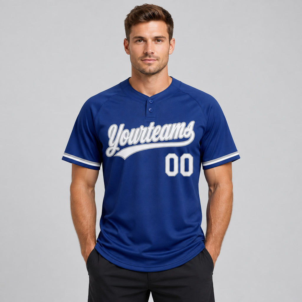 Custom Royal Two Button Softball Jersey with White and Gray Lettering worn by male model