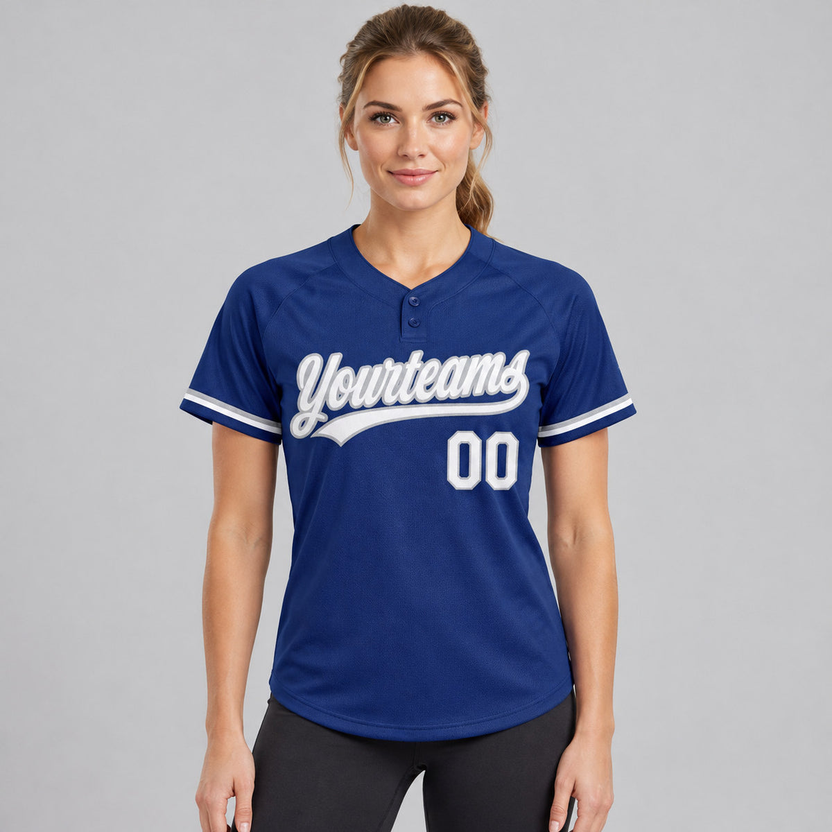 Custom Royal Two Button Softball Jersey with White and Gray Lettering worn by female model