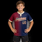 Custom Navy Vintage USA Flag Two Button Softball Jersey with Maroon and City Cream Lettering youth size worn by child model
