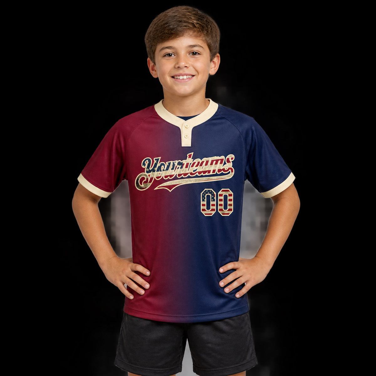 Custom Navy Vintage USA Flag Two Button Softball Jersey with Maroon and City Cream Lettering youth size worn by child model