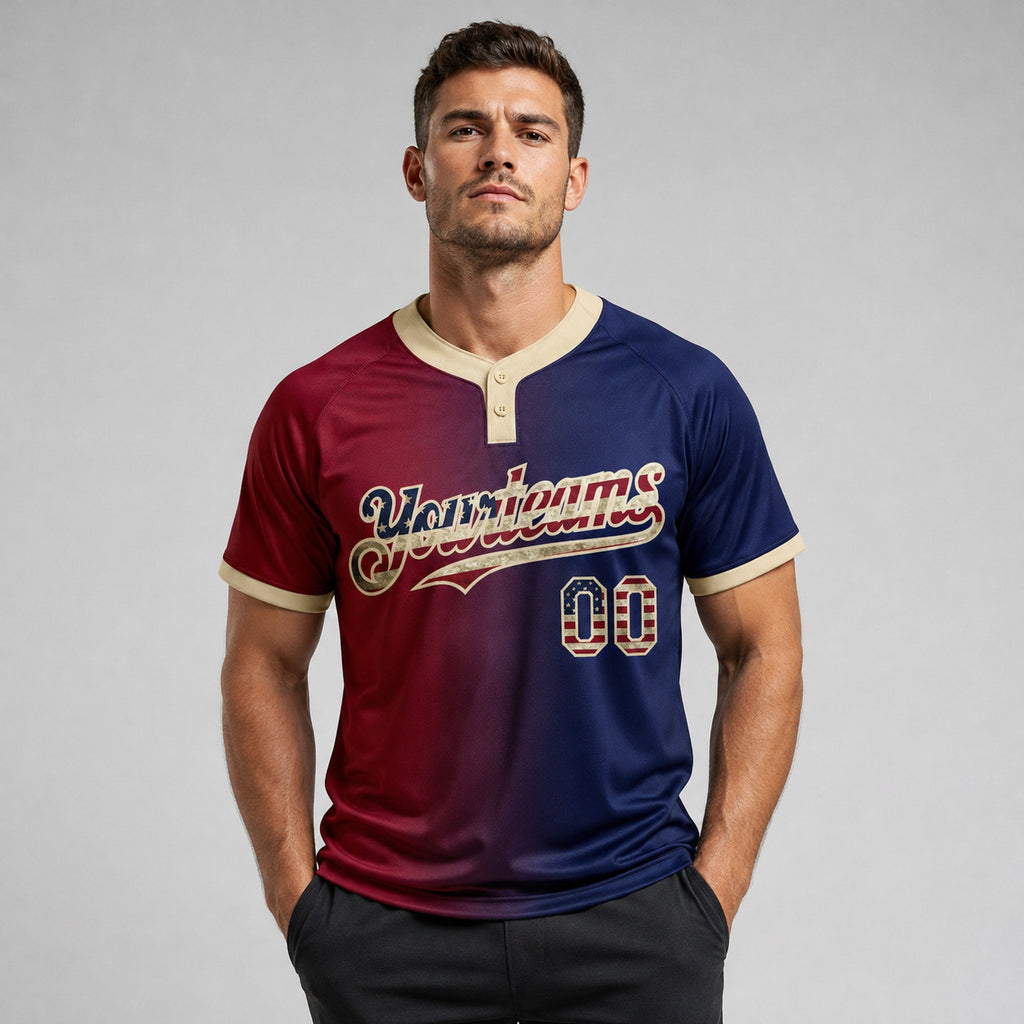 Custom Navy Vintage USA Flag Two Button Softball Jersey with Maroon and City Cream Lettering worn by male model
