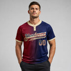 Custom Navy Vintage USA Flag Two Button Softball Jersey with Maroon and City Cream Lettering worn by male model