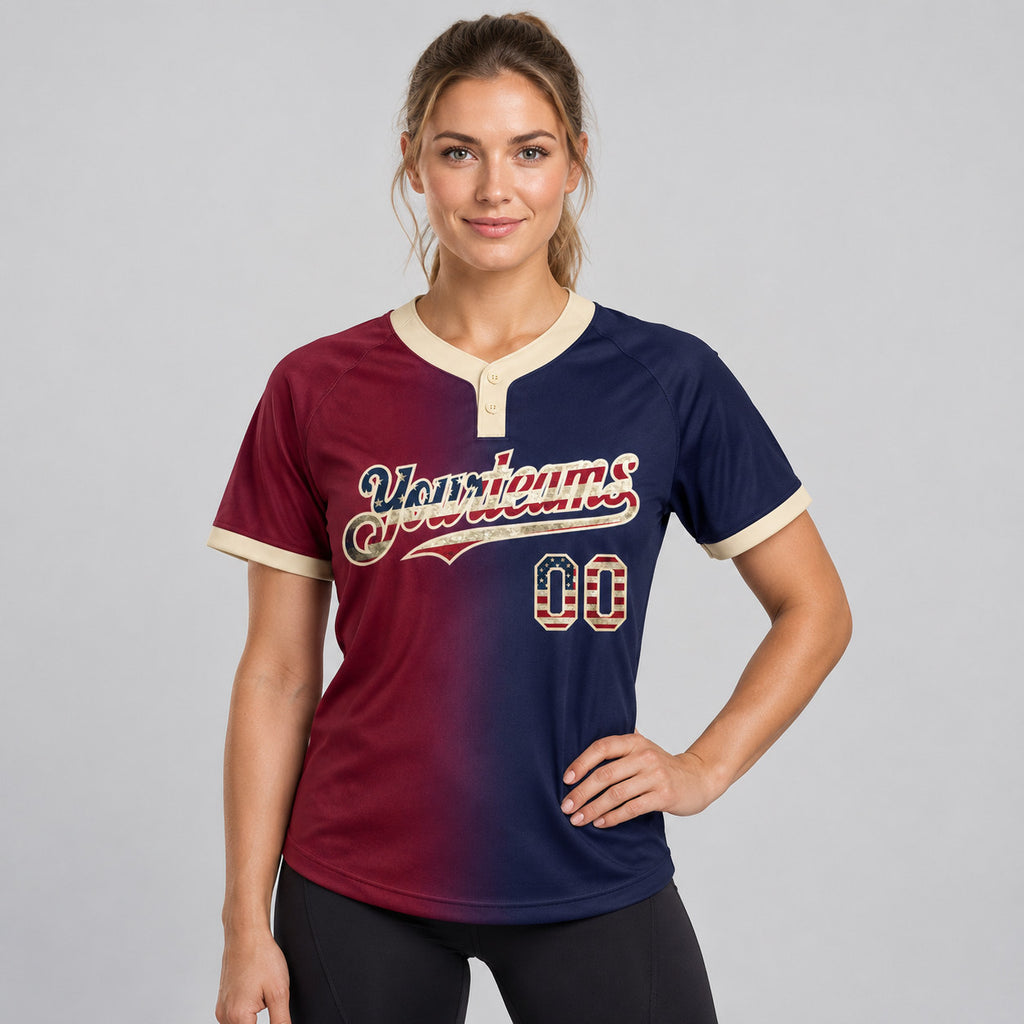 Custom Navy Vintage USA Flag Two Button Softball Jersey with Maroon and City Cream Lettering worn by female model