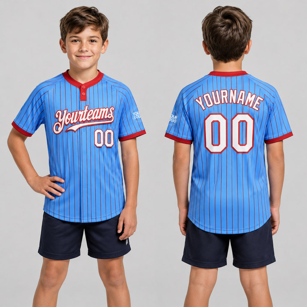 Custom Electric Blue Two Button Pinstripe Softball Jersey with Red Lettering youth size worn by child model