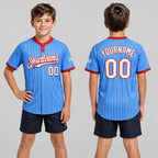 Custom Electric Blue Two Button Pinstripe Softball Jersey with Red Lettering youth size worn by child model