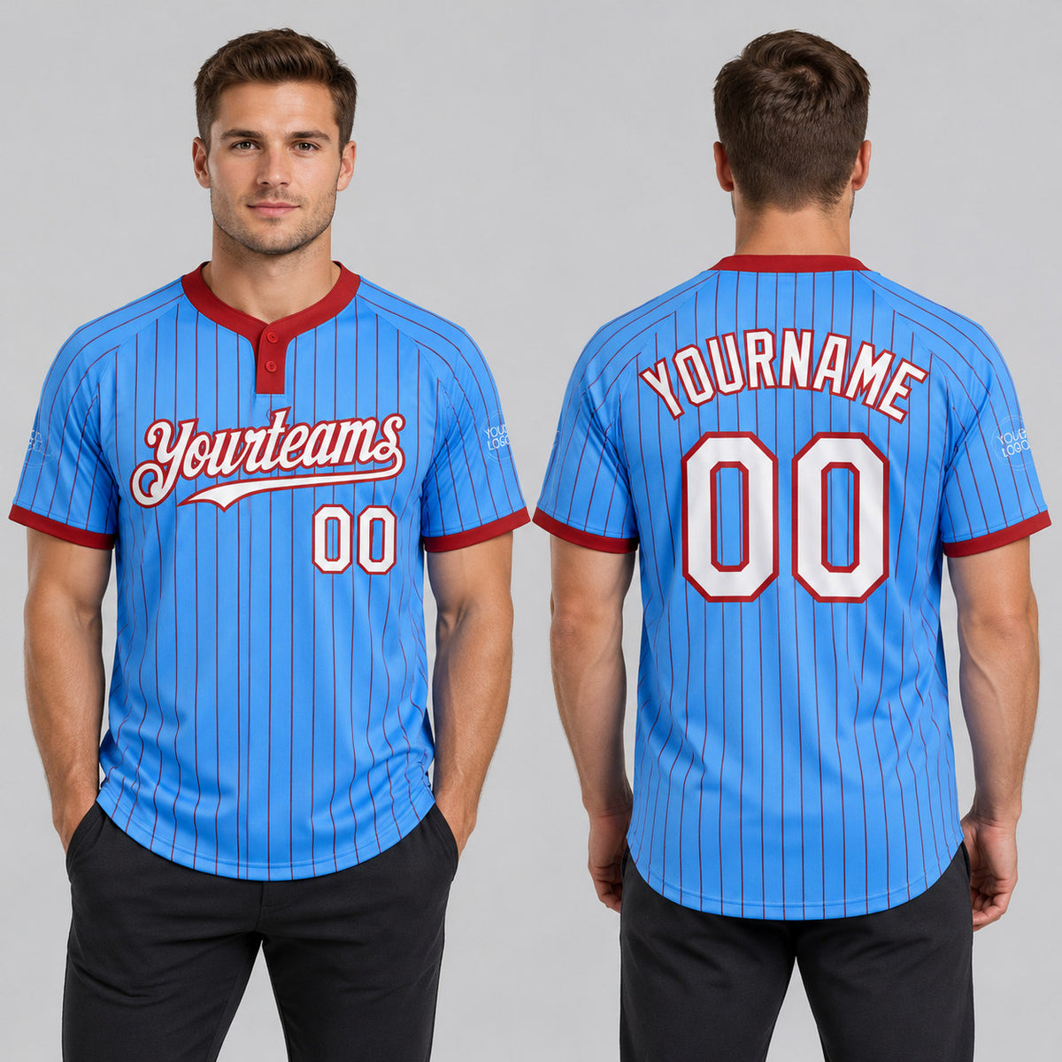 Custom Electric Blue Two Button Pinstripe Softball Jersey with Red Lettering worn by male model