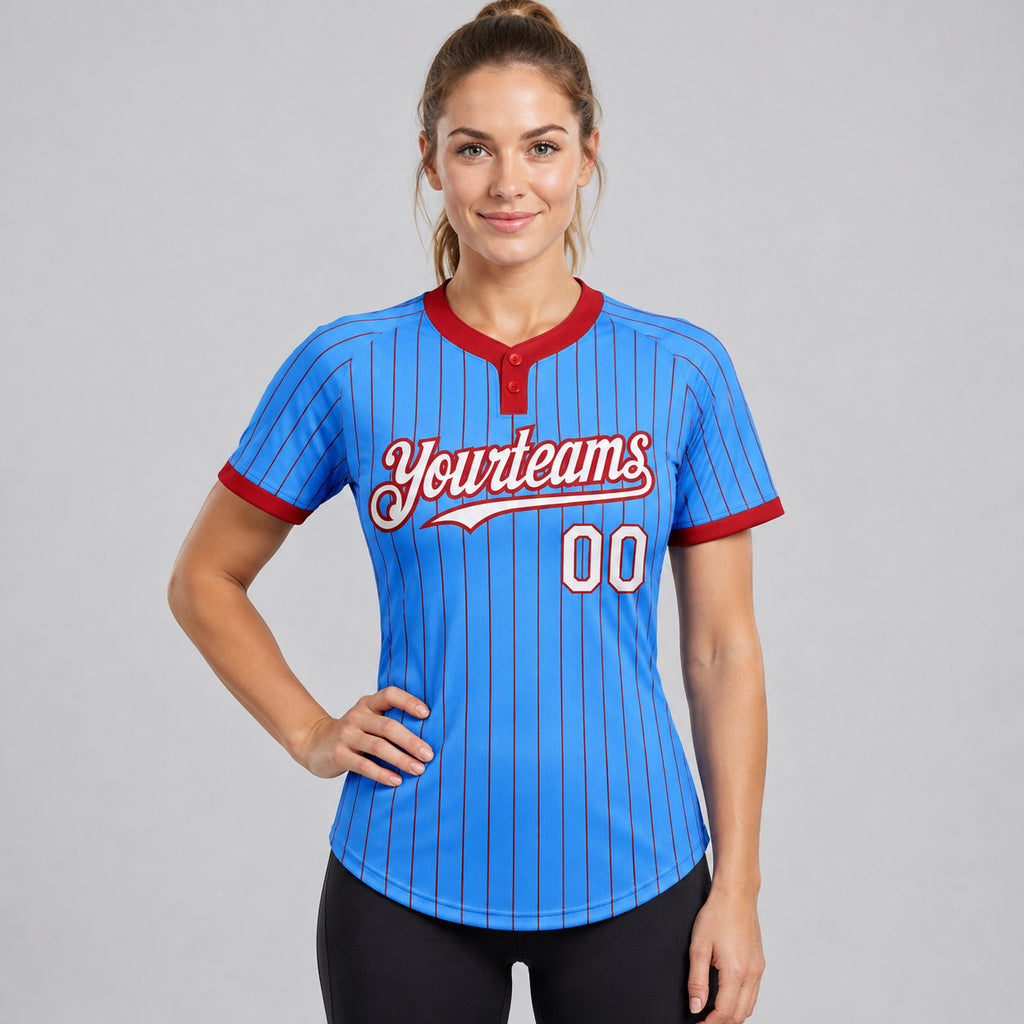 Custom Electric Blue Two Button Pinstripe Softball Jersey with Red Lettering worn by female model
