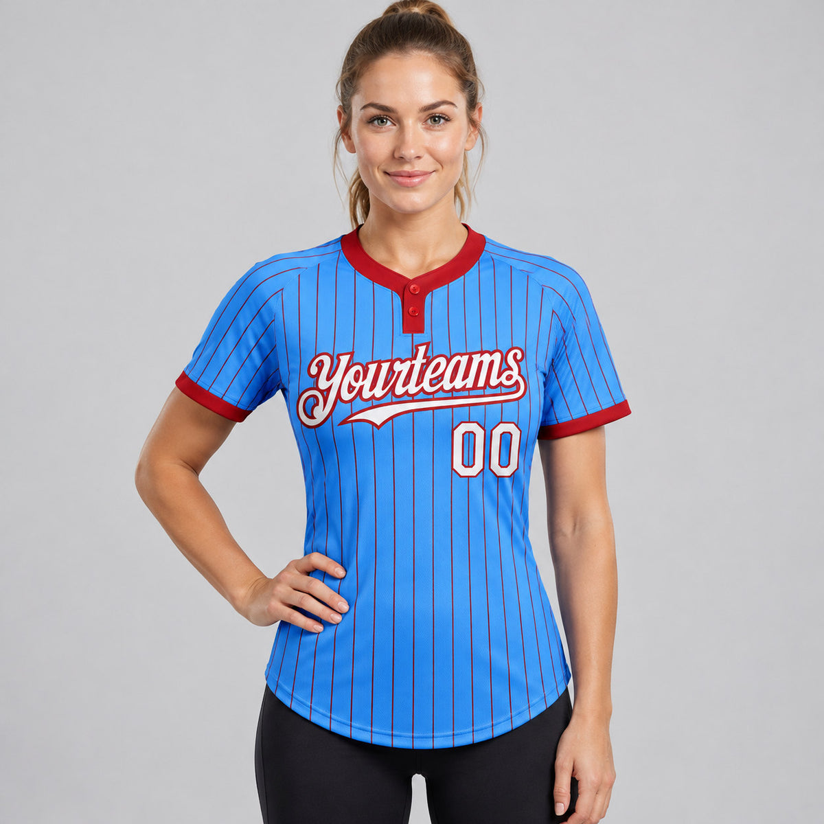 Custom Electric Blue Two Button Pinstripe Softball Jersey with Red Lettering worn by female model
