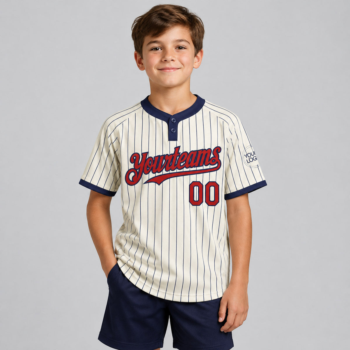 Custom Cream Two Button Pinstripe Softball Jersey with Navy Lettering Design 1063 youth size worn by child model