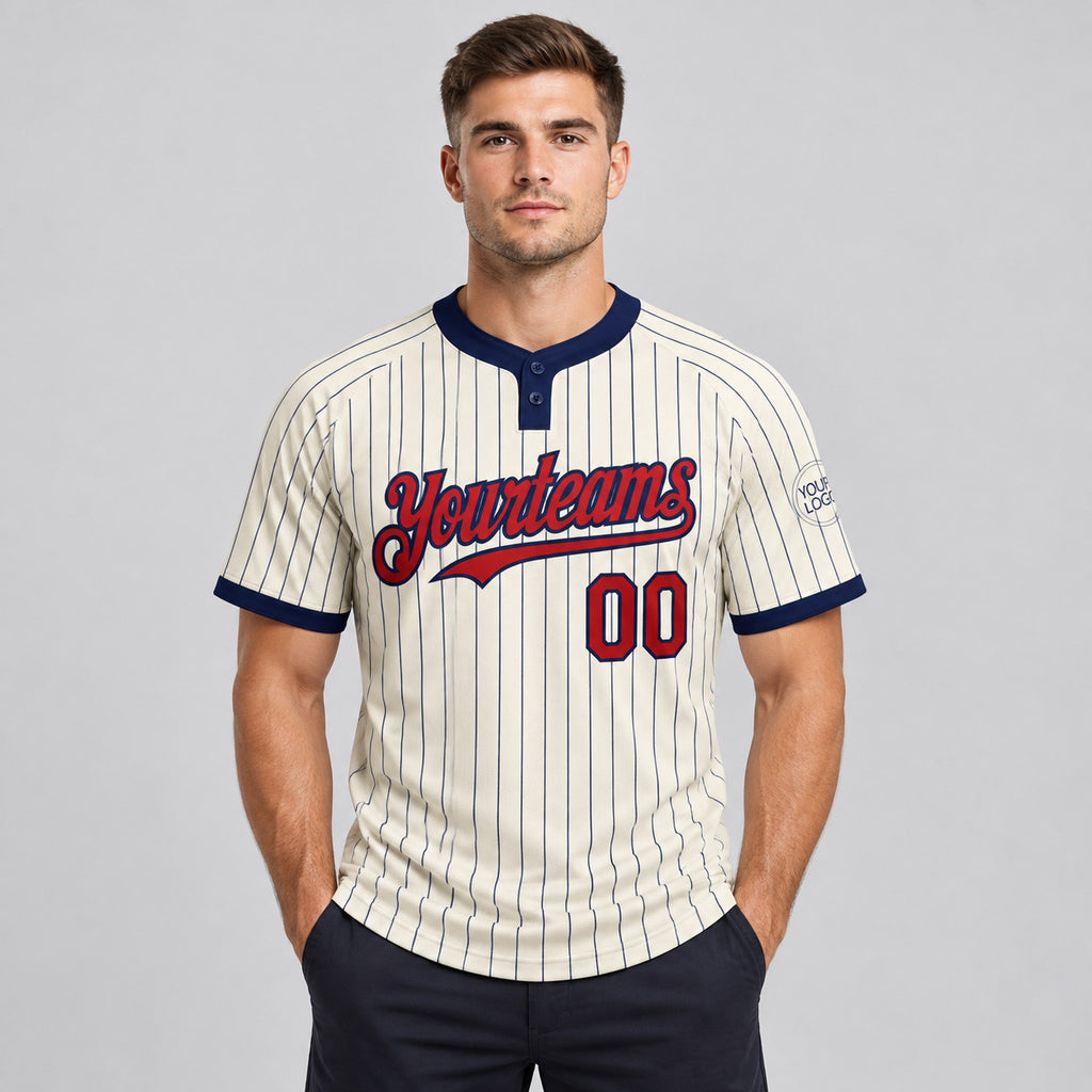 Custom Cream Two Button Pinstripe Softball Jersey with Navy Lettering Design 1063 worn by male model