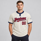 Custom Cream Two Button Pinstripe Softball Jersey with Navy Lettering Design 1063 worn by male model