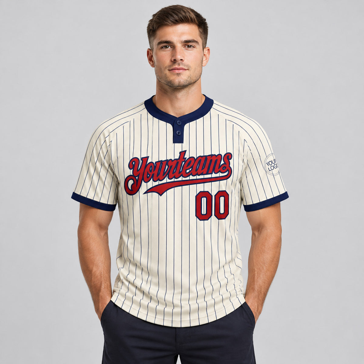 Custom Cream Two Button Pinstripe Softball Jersey with Navy Lettering Design 1063 worn by male model