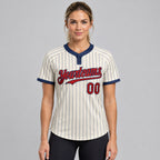 Custom Cream Two Button Pinstripe Softball Jersey with Navy Lettering Design 1063 worn by female model