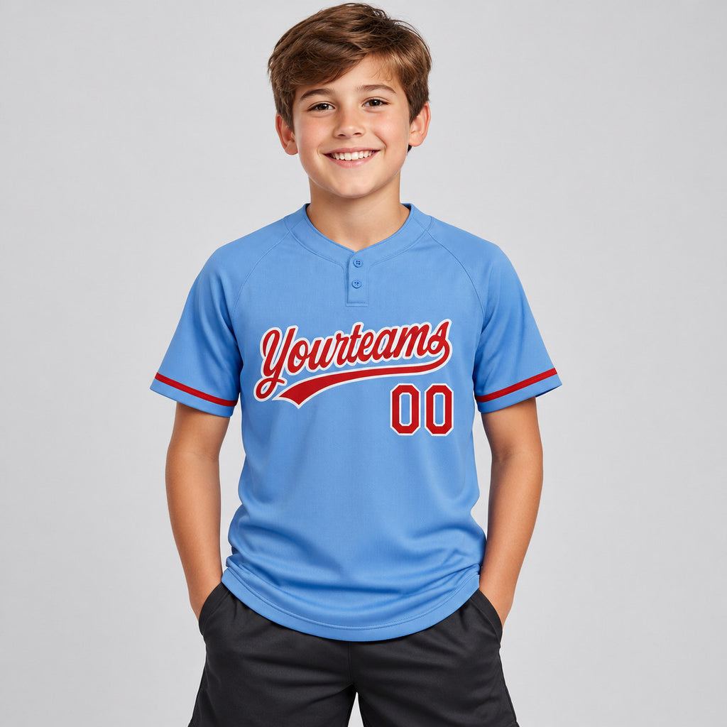 Custom Powder Blue Two Button Softball Jersey with Red and White Lettering youth size worn by child model