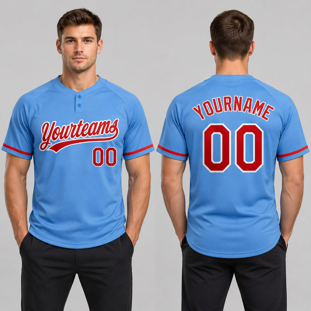 Custom Powder Blue Two Button Softball Jersey with Red and White Lettering worn by male model