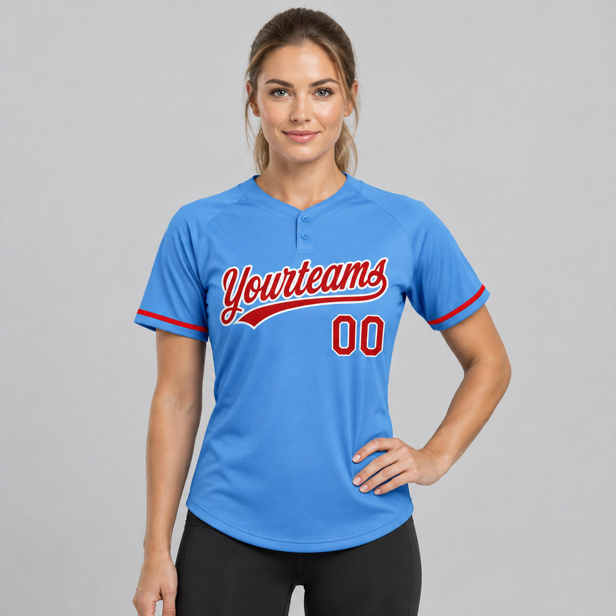Custom Powder Blue Two Button Softball Jersey with Red and White Lettering worn by female model
