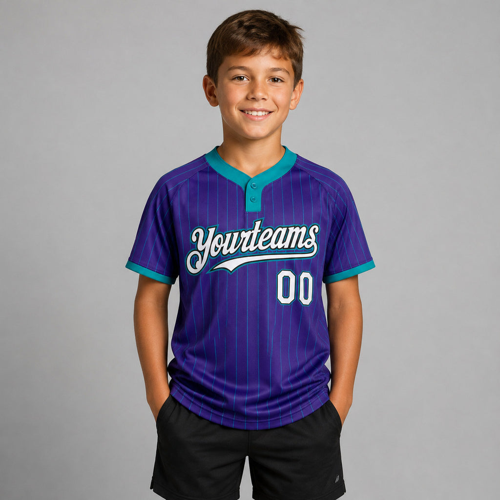 Custom Purple and Teal Two Button Pinstripe Softball Jersey with White and Black Lettering youth size worn by child model