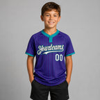 Custom Purple and Teal Two Button Pinstripe Softball Jersey with White and Black Lettering youth size worn by child model