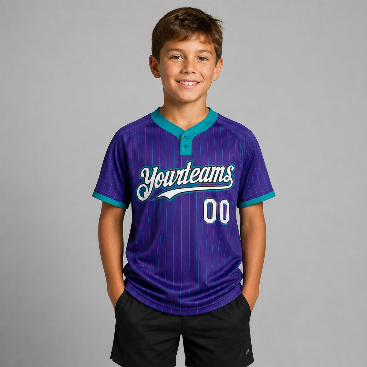 Custom Purple and Teal Two Button Pinstripe Softball Jersey with White and Black Lettering youth size worn by child model