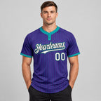 Custom Purple and Teal Two Button Pinstripe Softball Jersey with White and Black Lettering worn by male model
