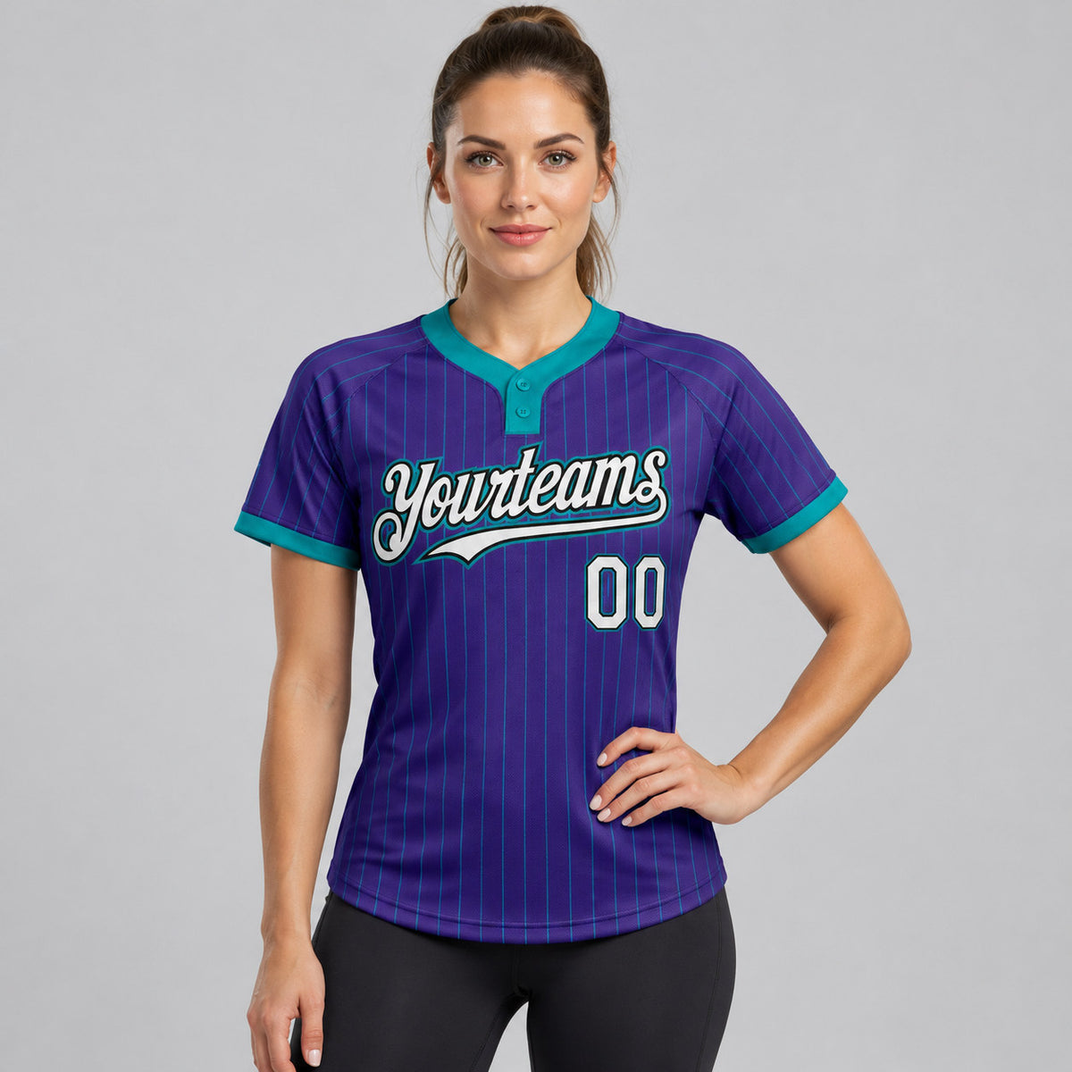 Custom Purple and Teal Two Button Pinstripe Softball Jersey with White and Black Lettering worn by female model