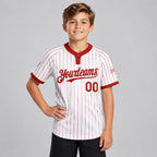 Custom White Two Button Pinstripe Softball Jersey with Red Lettering Design 0802 youth size worn by child model