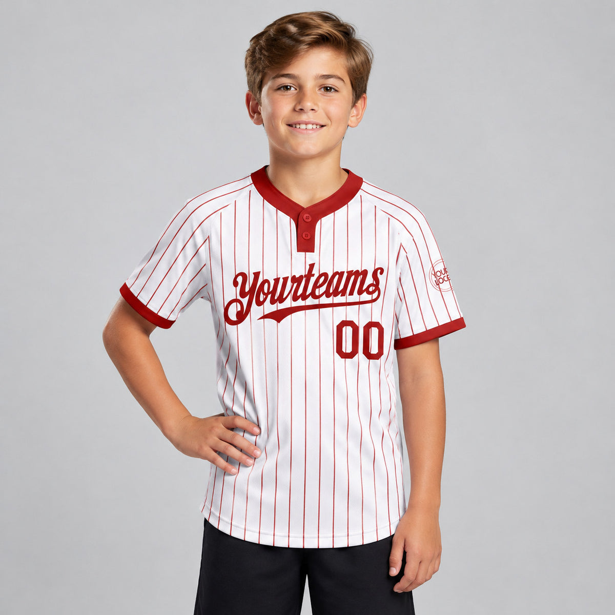 Custom White Two Button Pinstripe Softball Jersey with Red Lettering Design 0802 youth size worn by child model