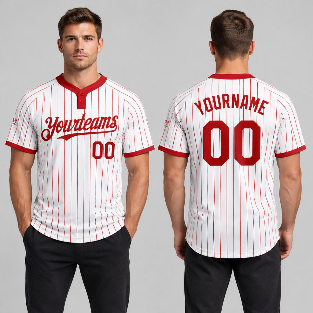 Custom White Two Button Pinstripe Softball Jersey with Red Lettering Design 0802 worn by male model