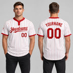 Custom White Two Button Pinstripe Softball Jersey with Red Lettering Design 0802 worn by male model