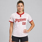 Custom White Two Button Pinstripe Softball Jersey with Red Lettering Design 0802 worn by female model