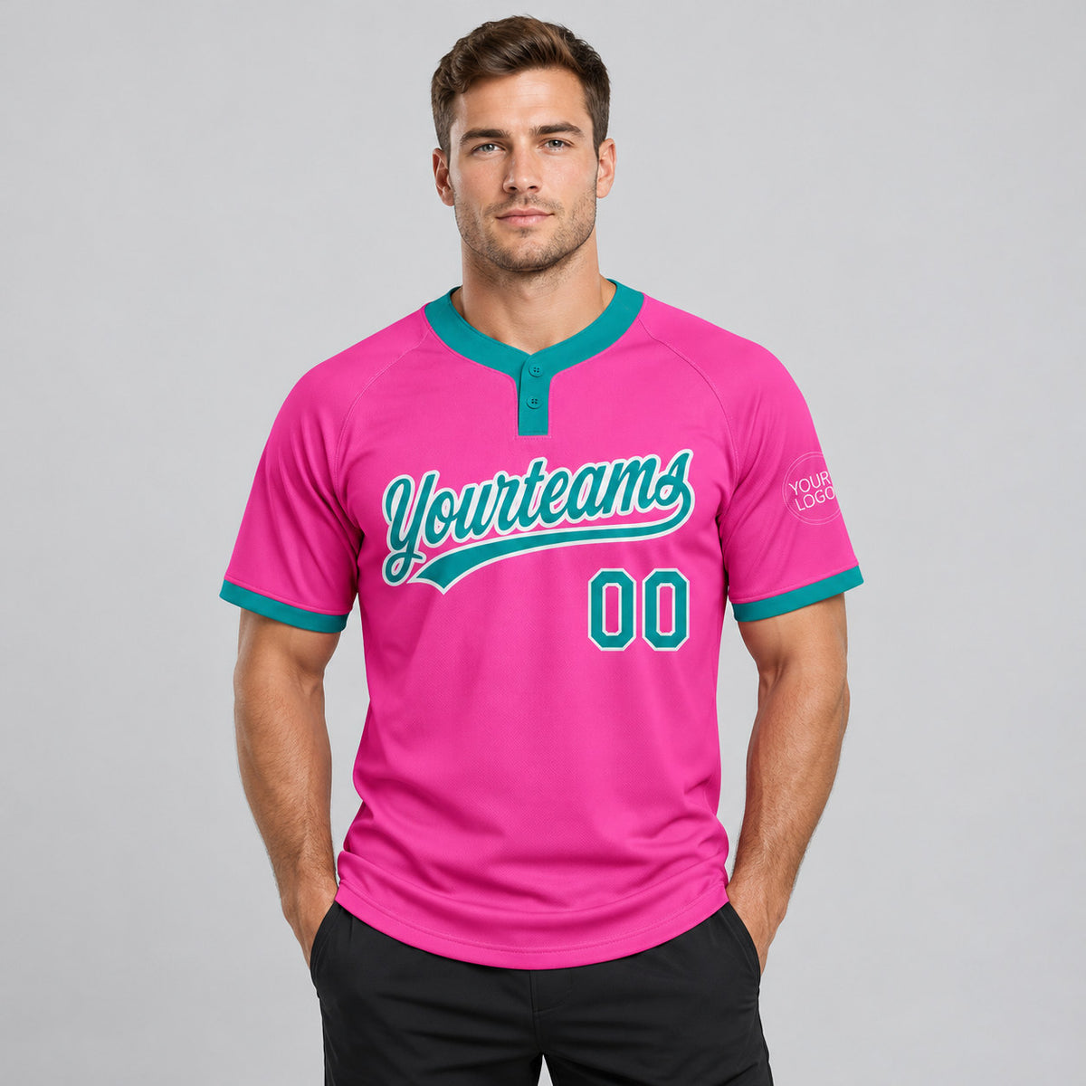 Custom Pink Two Button Softball Jersey with Teal and White Lettering worn by male model