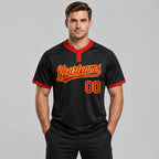Custom Black Two Button Softball Jersey with Red and Gold Lettering Design 0032 worn by male model