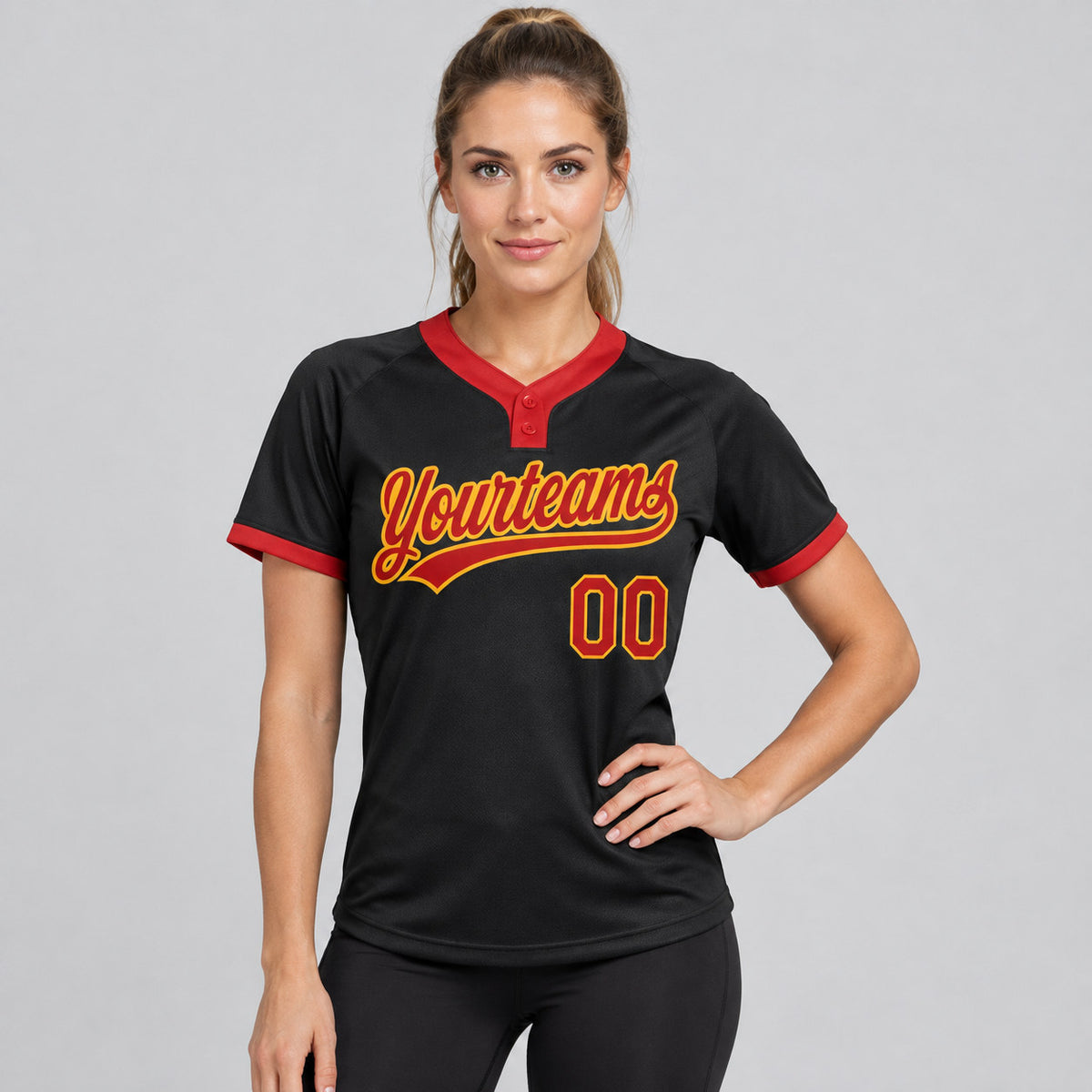 Custom Black Two Button Softball Jersey with Red and Gold Lettering Design 0032 worn by female model