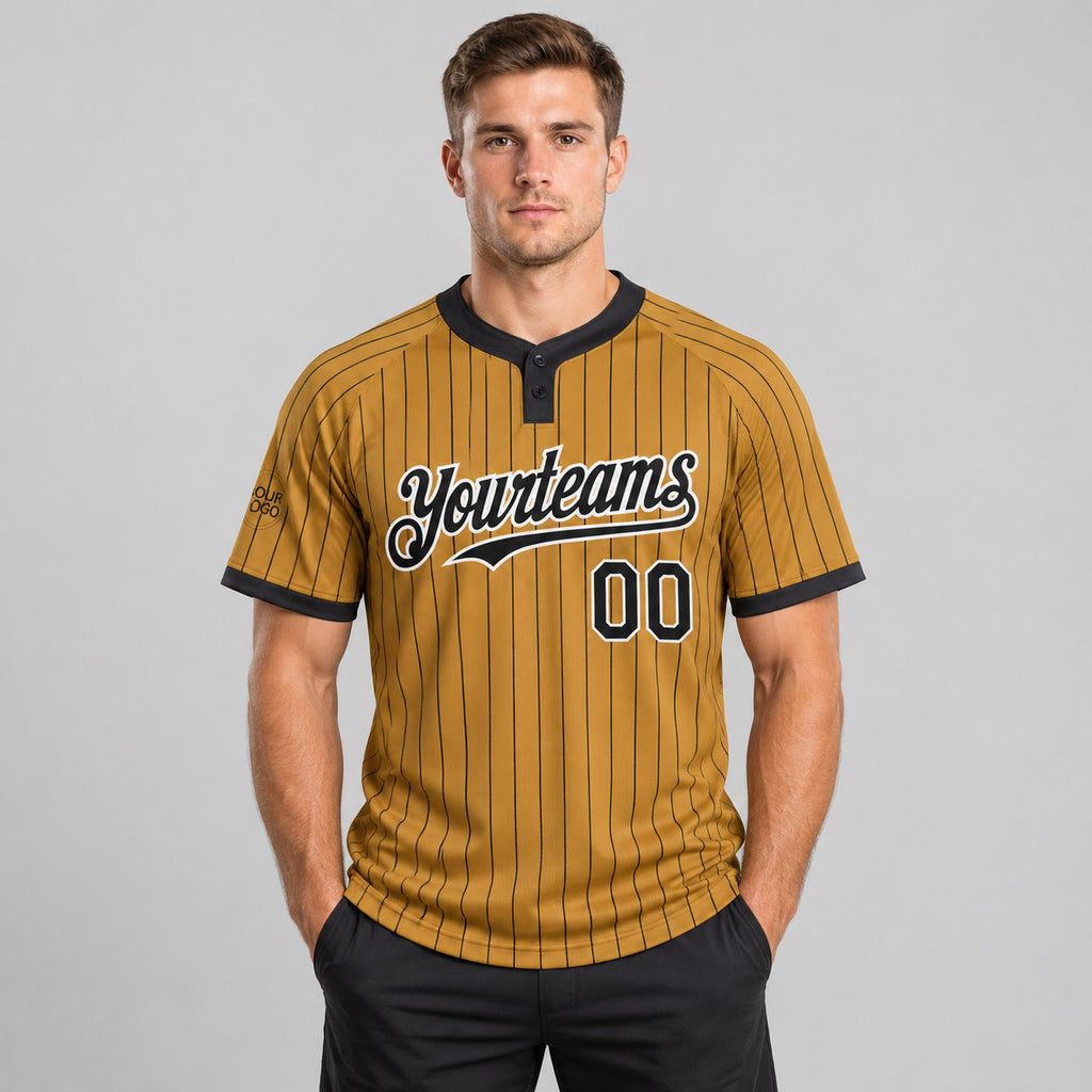 Custom Old Gold Two Button Pinstripe Softball Jersey with Black Lettering Design 1294 worn by male model