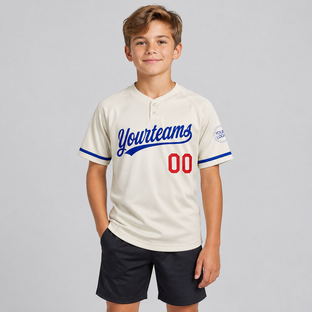 Custom Cream Two Button Softball Jersey with Royal and Red Lettering Design 0652 youth size worn by child model