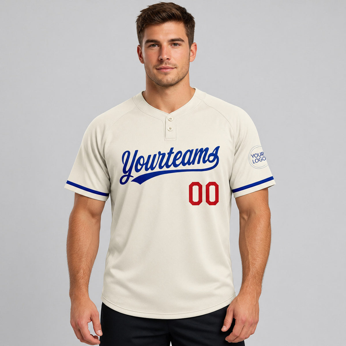Custom Cream Two Button Softball Jersey with Royal and Red Lettering Design 0652 worn by male model