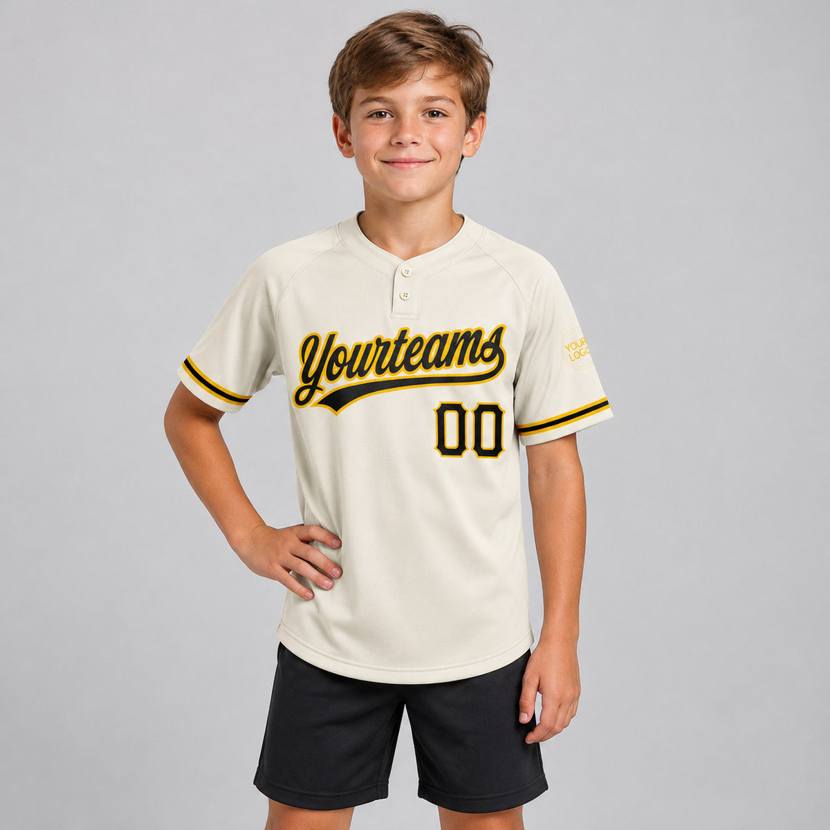 Custom Cream Two Button Softball Jersey with Black and Yellow Lettering youth size worn by child model