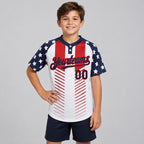 Custom White American Flag Two Button Softball Jersey with Navy and Red Lettering Design 0669 youth size worn by child model