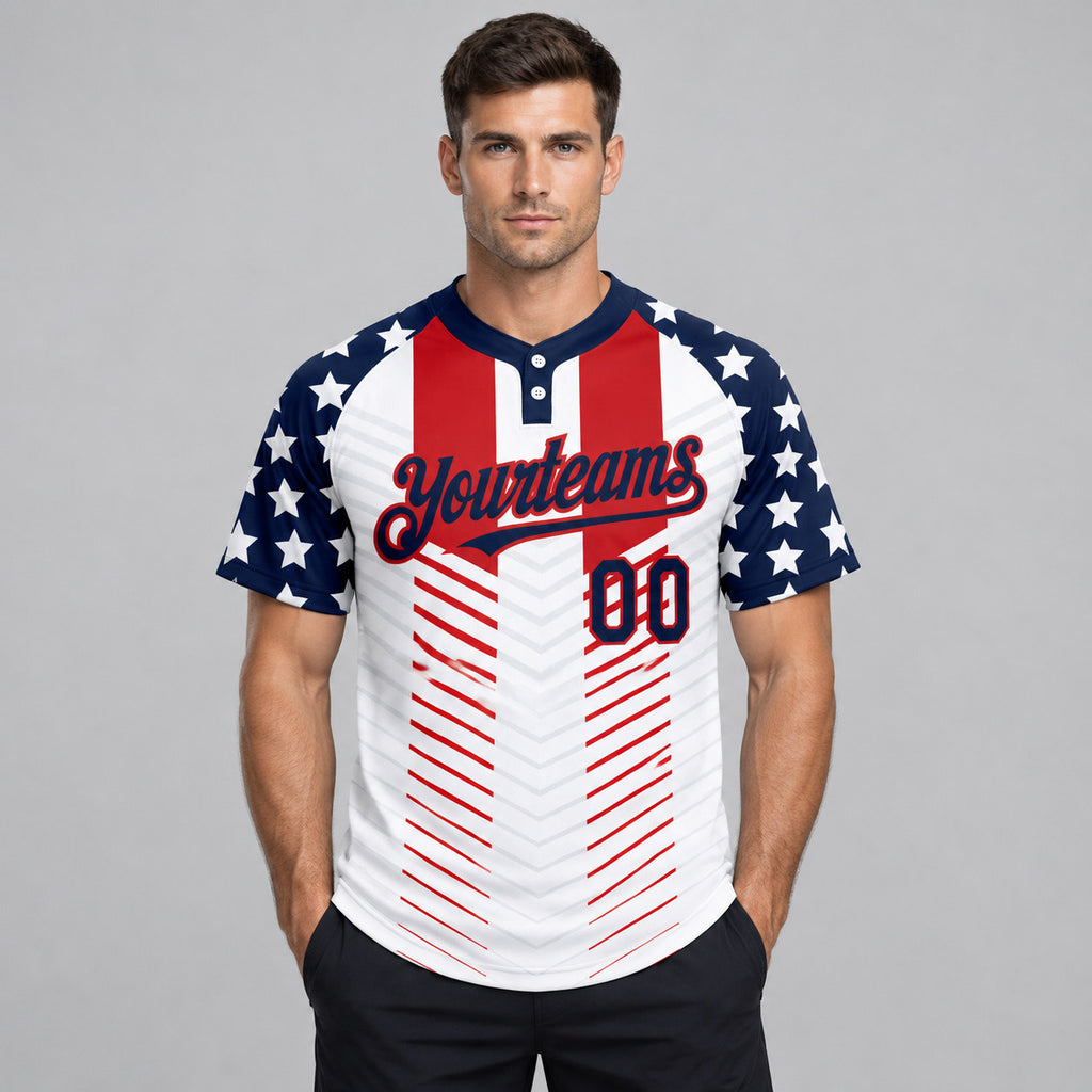 Custom White American Flag Two Button Softball Jersey with Navy and Red Lettering Design 0669 worn by male model